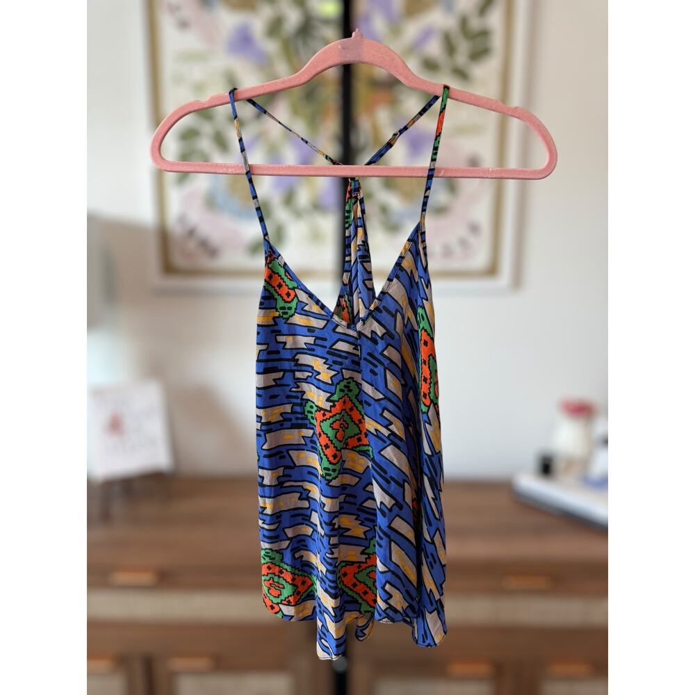 Amanda Uprichard 100% Silk Geometric Racerback Tank Best Fit Blue Womens Small